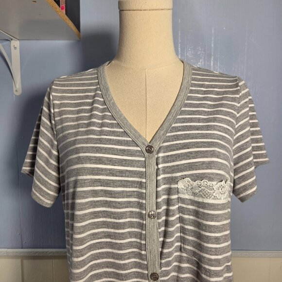 Ekouaer Small Gray White Lace Detail V Neck Button Up Summer Nightgown - Picture 2 of 9